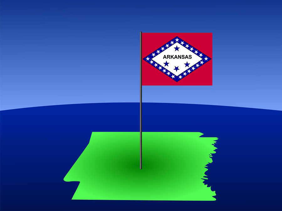 map of Arkansas and their flag on pole illustration