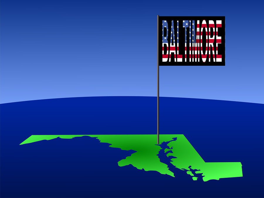 Map of maryland with position of Baltimore marked by flag pole illustration