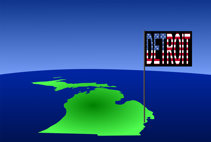 Map of Michigan with position of Detroit marked by flag pole illustration