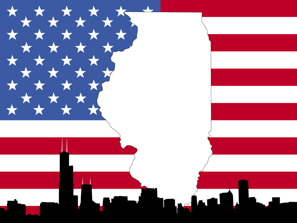 map of Illinois on American flag with Chicago skyline