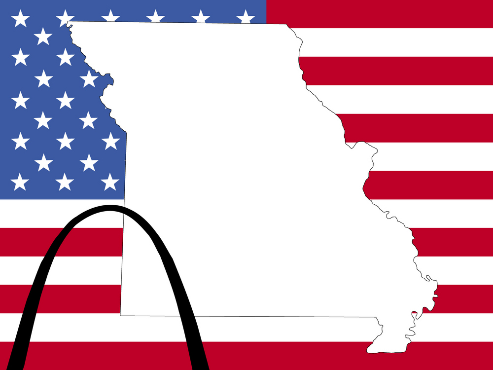 map of Missouri on American flag with Gateway arch
