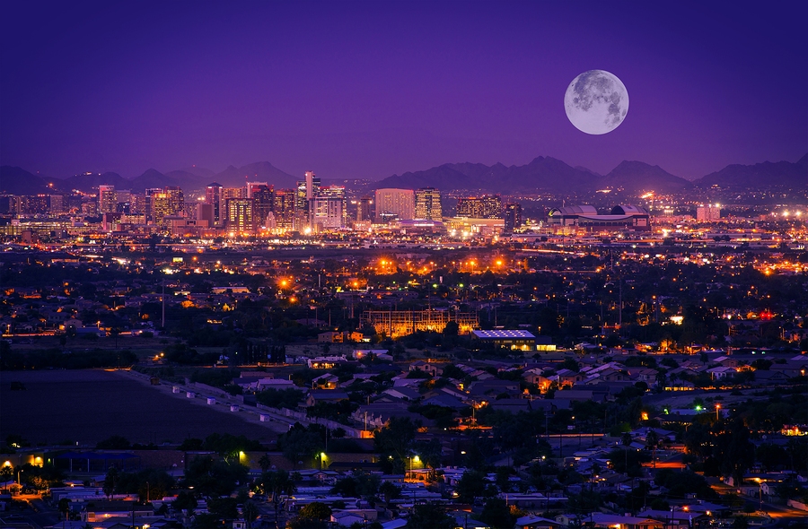 Phoenix Arizona Skyline at Night. Full Moon Over Phoenix Arizona United States.