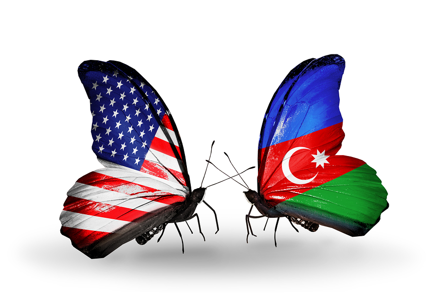 Two butterflies with flags on wings as symbol of relations USA and Azerbaijan