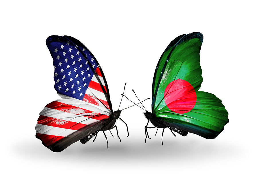 Two butterflies with flags on wings as symbol of relations USA and Bangladesh