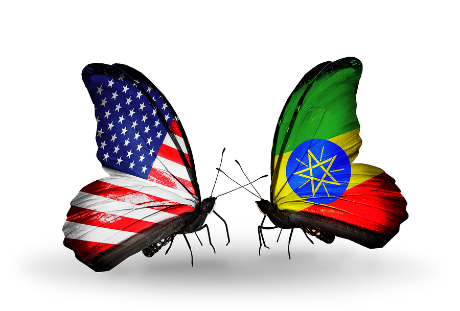 Two butterflies with flags on wings as symbol of relations USA and Ethiopia
