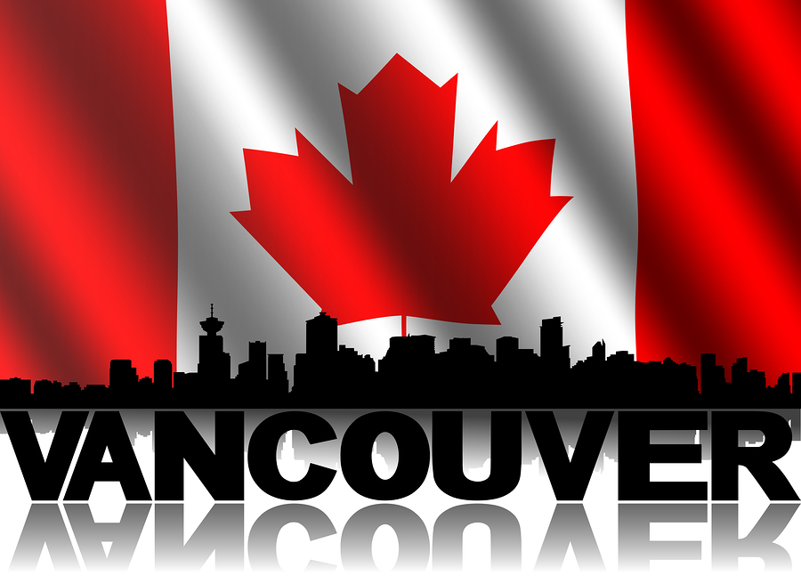 Vancouver skyline and text reflected with rippled Canadian flag illustration