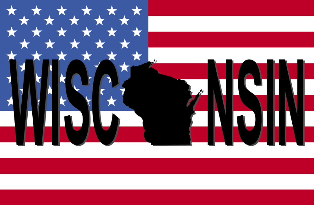 Wisconsin text with map on American flag illustration