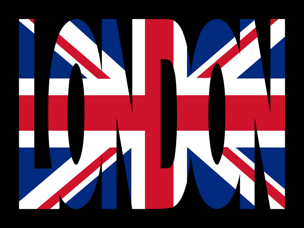overlapping London text with British flag illustration